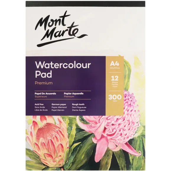 Block de Papel para Acuarela - Papel Alemán Premium Tamaño A4, 210 x 297 mm 300 gsm de 12 Hojas - Mont Marte - MSB0066