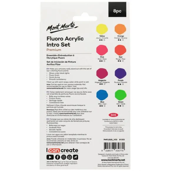Set de Pintura Acrílica Fluorescente Premium Mont Marte 8 Tubos de 18ml. PMFL8181