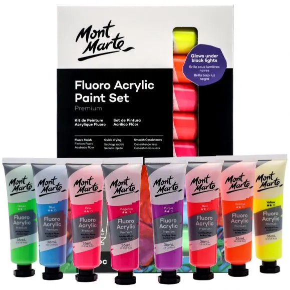 Set de Pintura Acrílica Premium Fluorescente Mont Marte de 8 Tubos de 36 ml. (1.2oz) PMFL8361