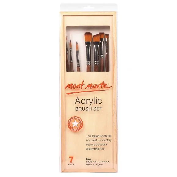 Set de 7 Pinceles de Fibra de Taklón + Estuche de Madera Mont Marte BMHS0001