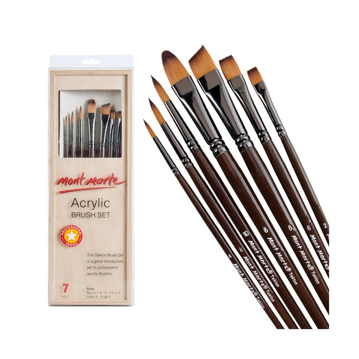 Set de 7 Pinceles de Fibra de Taklón + Estuche de Madera Mont Marte BMHS0001