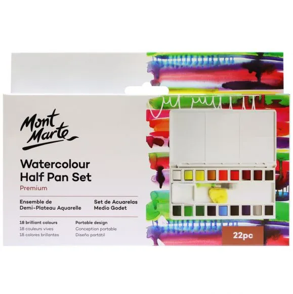 Set Acuarelas en Medias Pastillas Premium – 22 Piezas Mont Marte PMHS0035
