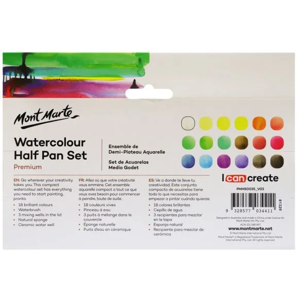 Set Acuarelas en Medias Pastillas Premium – 22 Piezas Mont Marte PMHS0035