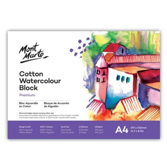 Block de Papel Para Acuarela de Algodón 12 hojas Premium 300 g/m² A4 (11,7 x 8,3 pulgadas) Mont Marte MSB0131