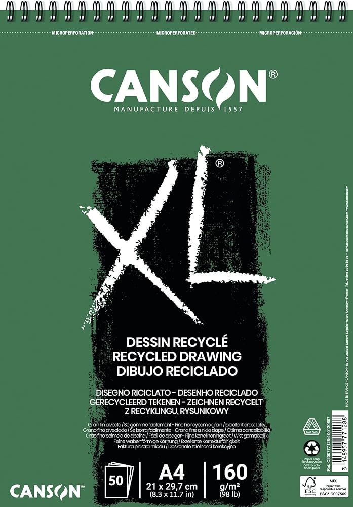 Block de Papel de Dibujo - CANSON RECYCLÉ RECYCLED DRAWING DIBUJO XL- Tamaño A4 con 50 Hojas de 160 g/m² - CANSON