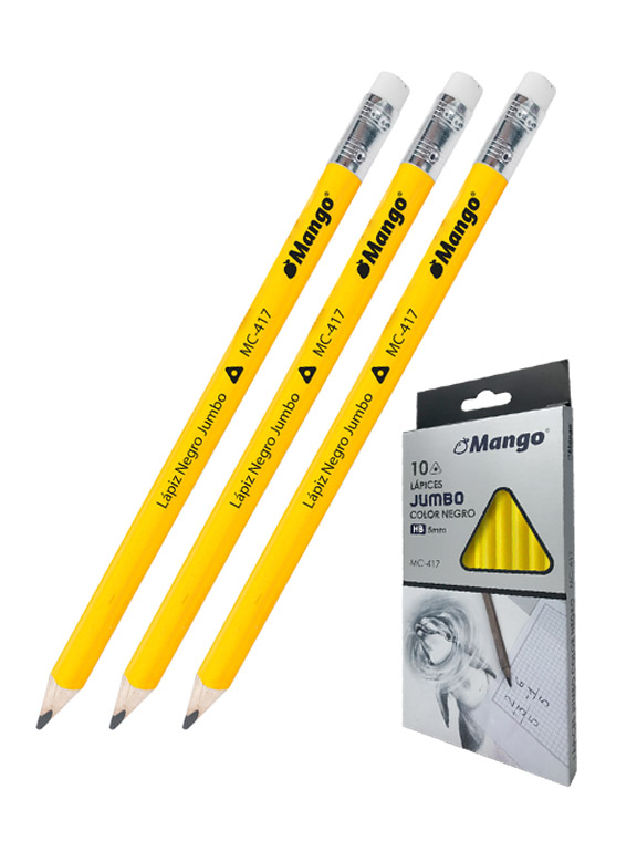 Set de 10 Lápiz Triangular Jumbo Negro HB Con Goma - MC417 - MANGO