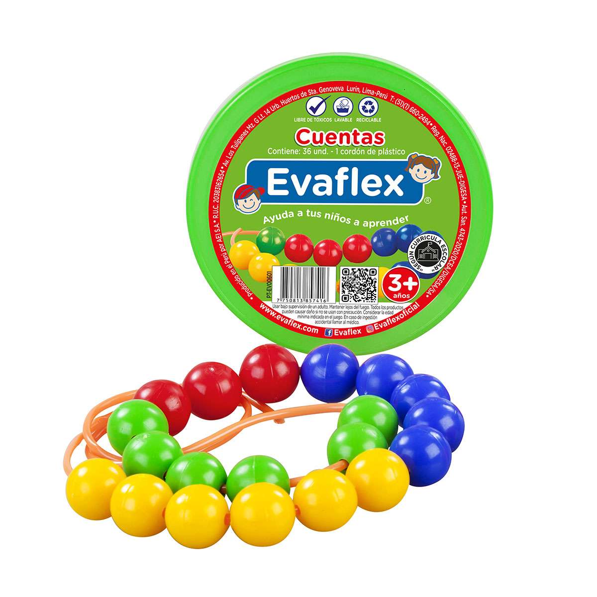 Set De 36 Cuentas de Colores + 1 Cordón en Envase Plástico - PT-EV00601 - EVAFLEX