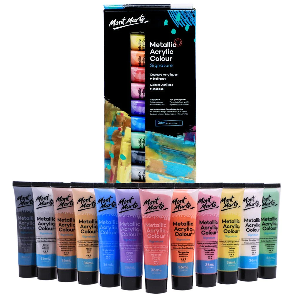 Set de Pintura Acrílica Colores Metálicos Signature, 12 piezas x 36 ml. - Mont Marte PMMT1236