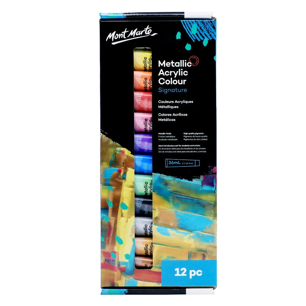 Set de Pintura Acrílica Colores Metálicos Signature, 12 piezas x 36 ml. - Mont Marte PMMT1236