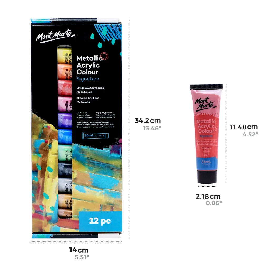 Set de Pintura Acrílica Colores Metálicos Signature, 12 piezas x 36 ml. - Mont Marte PMMT1236
