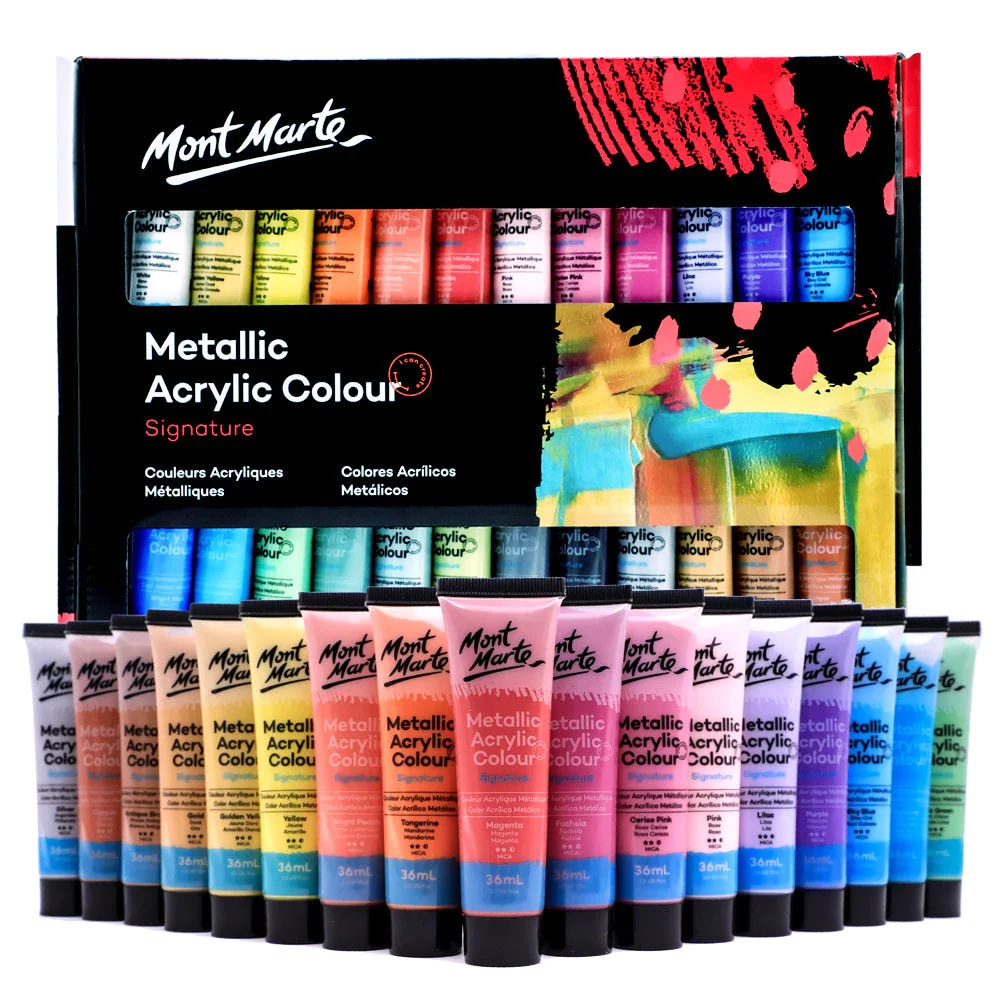 Set de Pintura Acrílica de Colores Metálicos Signature, 24 piezas x 36 ml. - Mont Marte PMMT2436