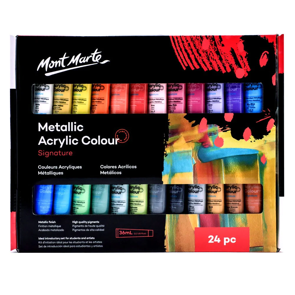 Set de Pintura Acrílica de Colores Metálicos Signature, 24 piezas x 36 ml. - Mont Marte PMMT2436