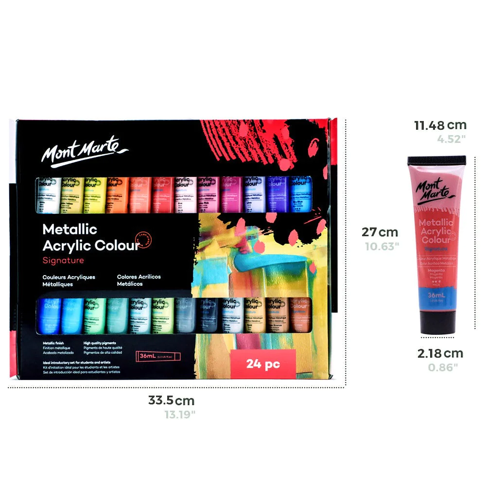 Set de Pintura Acrílica de Colores Metálicos Signature, 24 piezas x 36 ml. - Mont Marte PMMT2436