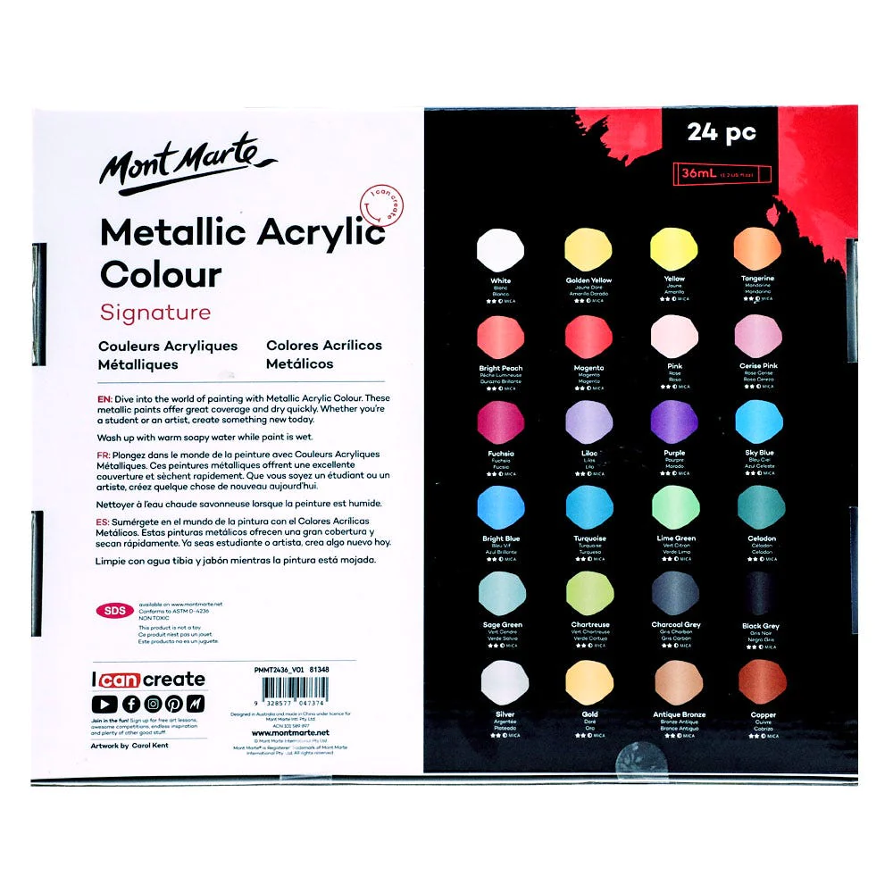 Set de Pintura Acrílica de Colores Metálicos Signature, 24 piezas x 36 ml. - Mont Marte PMMT2436
