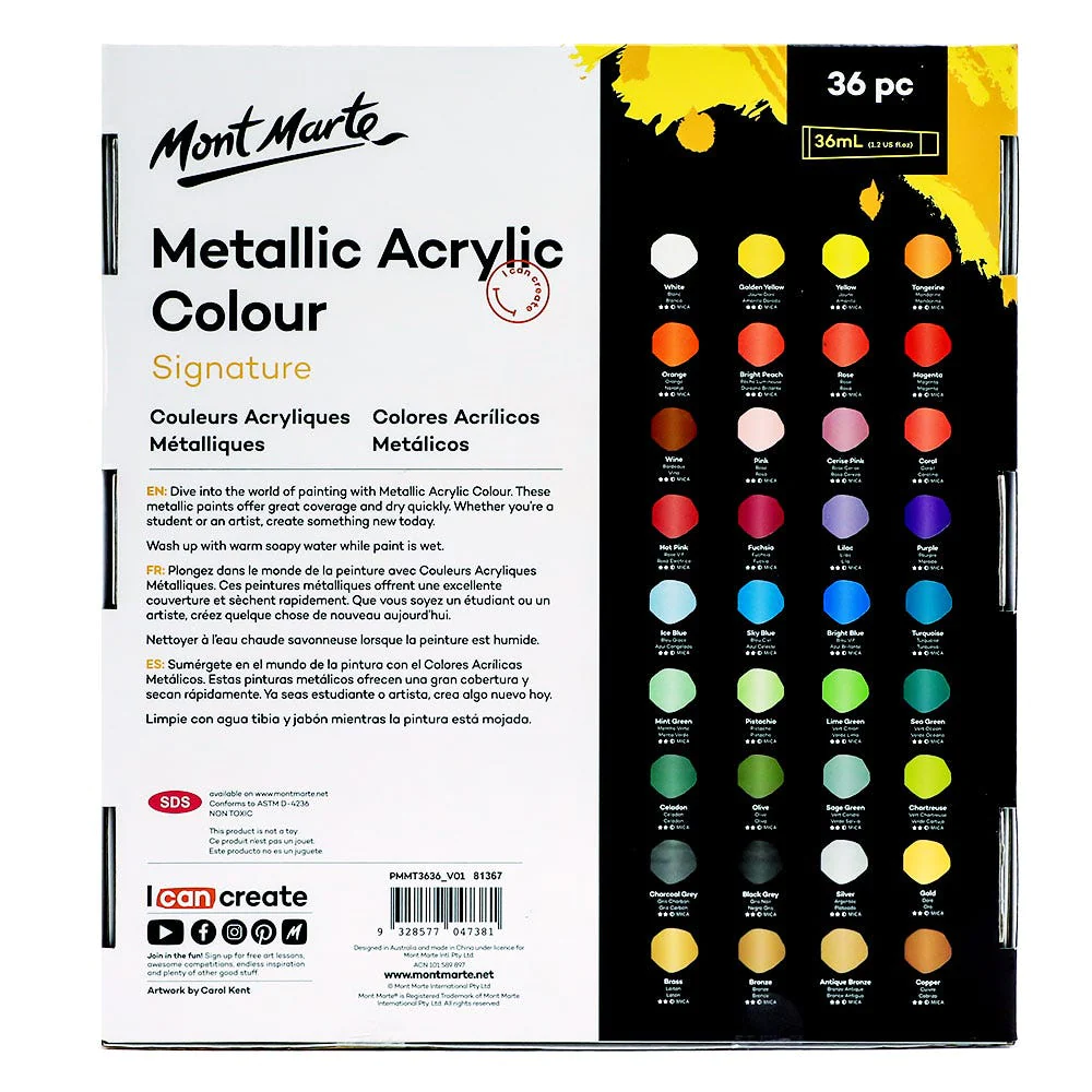 Set de Pintura Acrílica de Colores Metálicos Signature, 36 piezas x 36 ml. - Mont Marte - PMMT3636