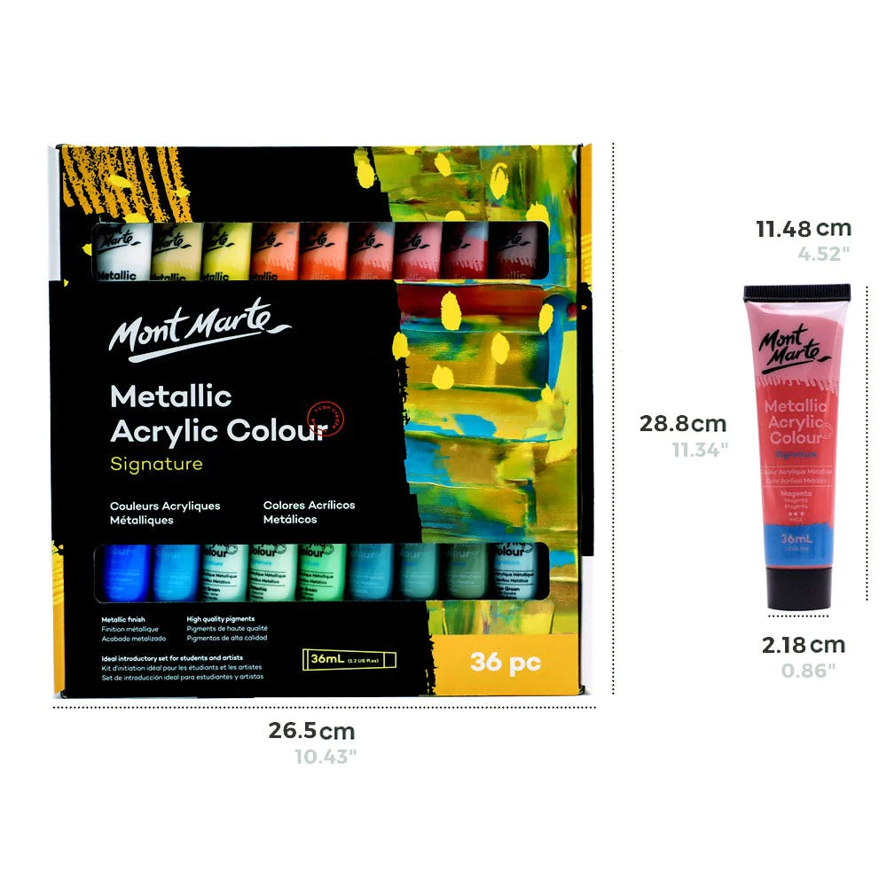 Set de Pintura Acrílica de Colores Metálicos Signature, 36 piezas x 36 ml. - Mont Marte - PMMT3636