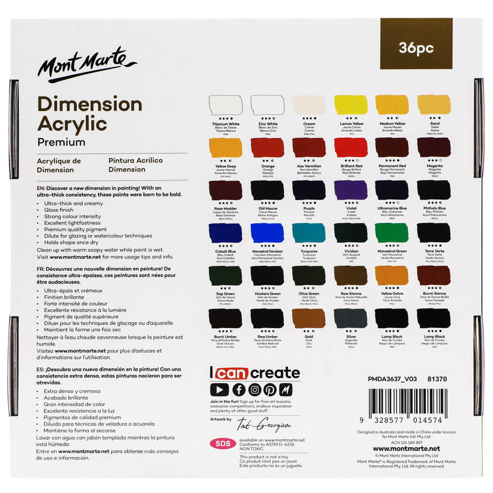 Set de Pintura Acrílica Dimension Premium 36 Piezas x 37ml. - Mont Marte - PMDA3637