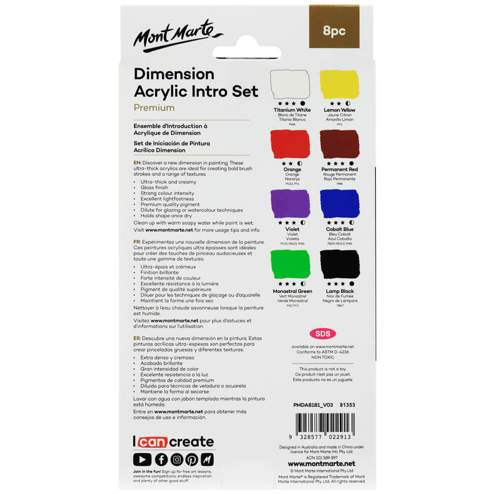 Set de Introducción de Pintura Acrílica Dimension Premium 8 piezas x 18 ml. - Mont Marte -PMDA8181