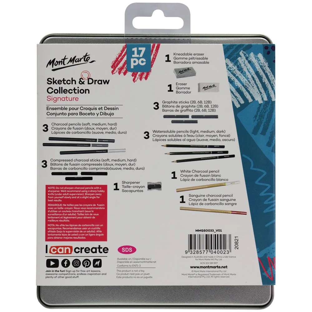 Set para Boceto y Dibujo en Estuche Metálico Signature 17 Piezas - Mont Marte MMGS0033