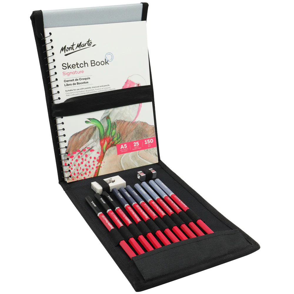 Set de Dibujo con Estuche de Tela Plegable Signature de 14 Piezas + Cuaderno de Bocetos - Mont Marte - MMGS0029