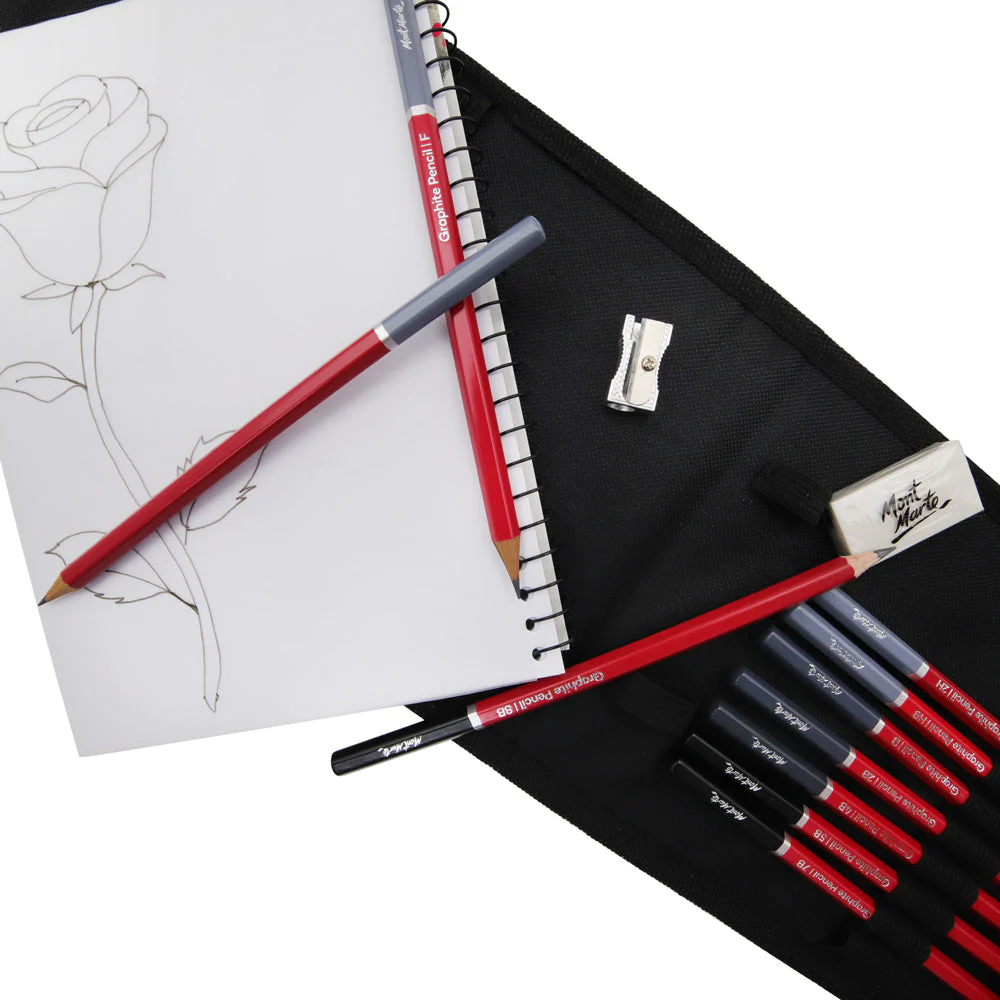 Set de Dibujo con Estuche de Tela Plegable Signature de 14 Piezas + Cuaderno de Bocetos - Mont Marte - MMGS0029