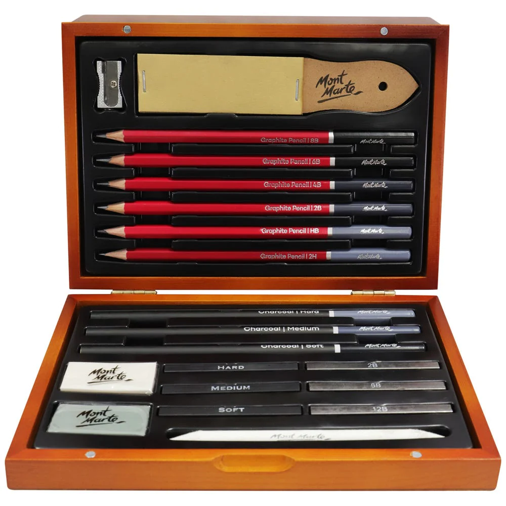 Set Para Bocetos en Caja de Madera Signature 21 piezas - Mont Marte - MMGS0024