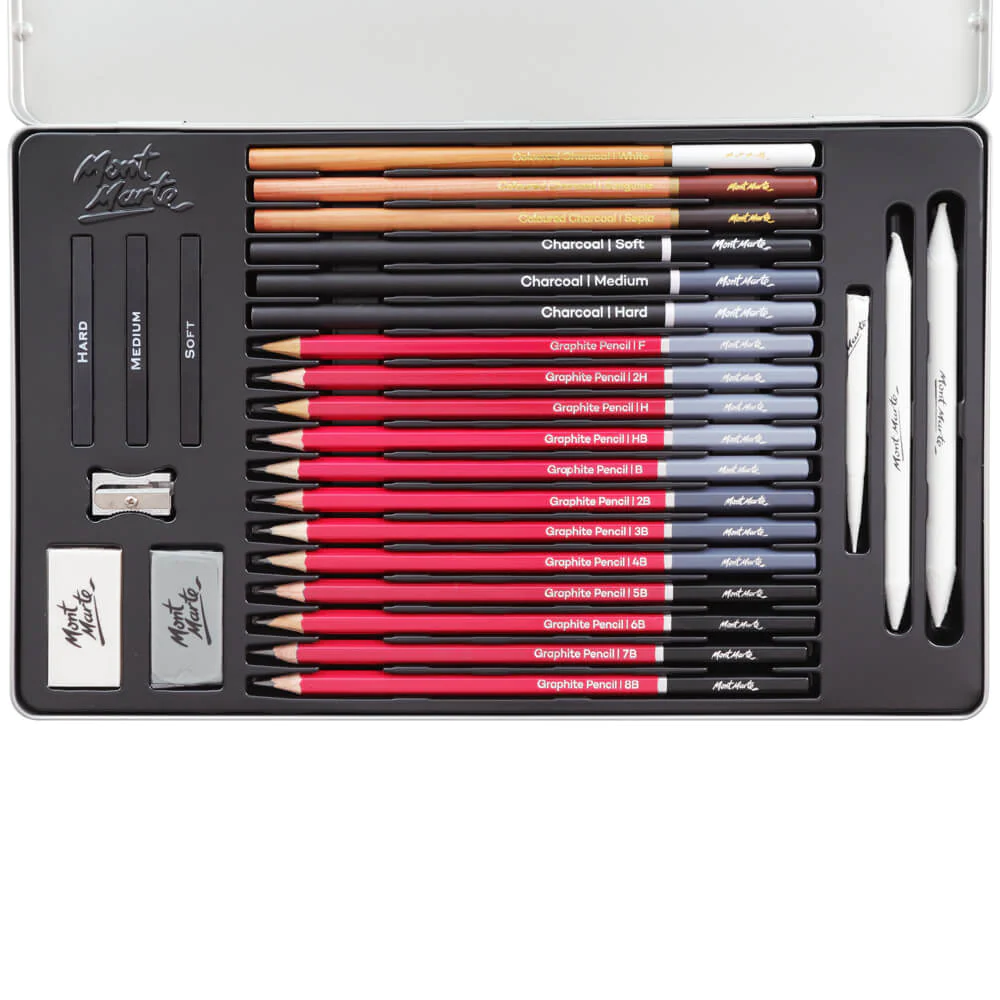 Set para Boceto y Dibujo en Estuche Metálico Signature de 27 Piezas - Mont Marte -MMGS0031