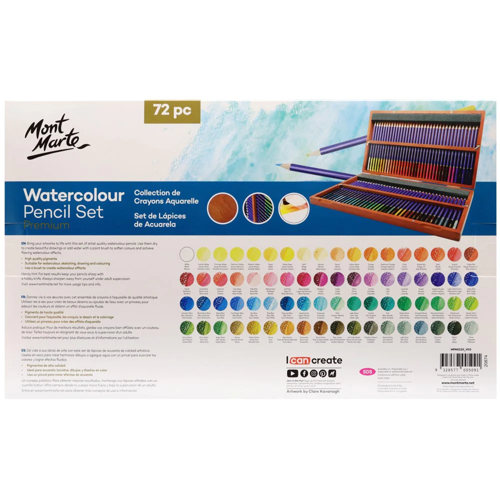 Estuche de Madera con 72 Lápices de Colores Acuarelables para Artistas Premium - Mont Marte - MPN0120