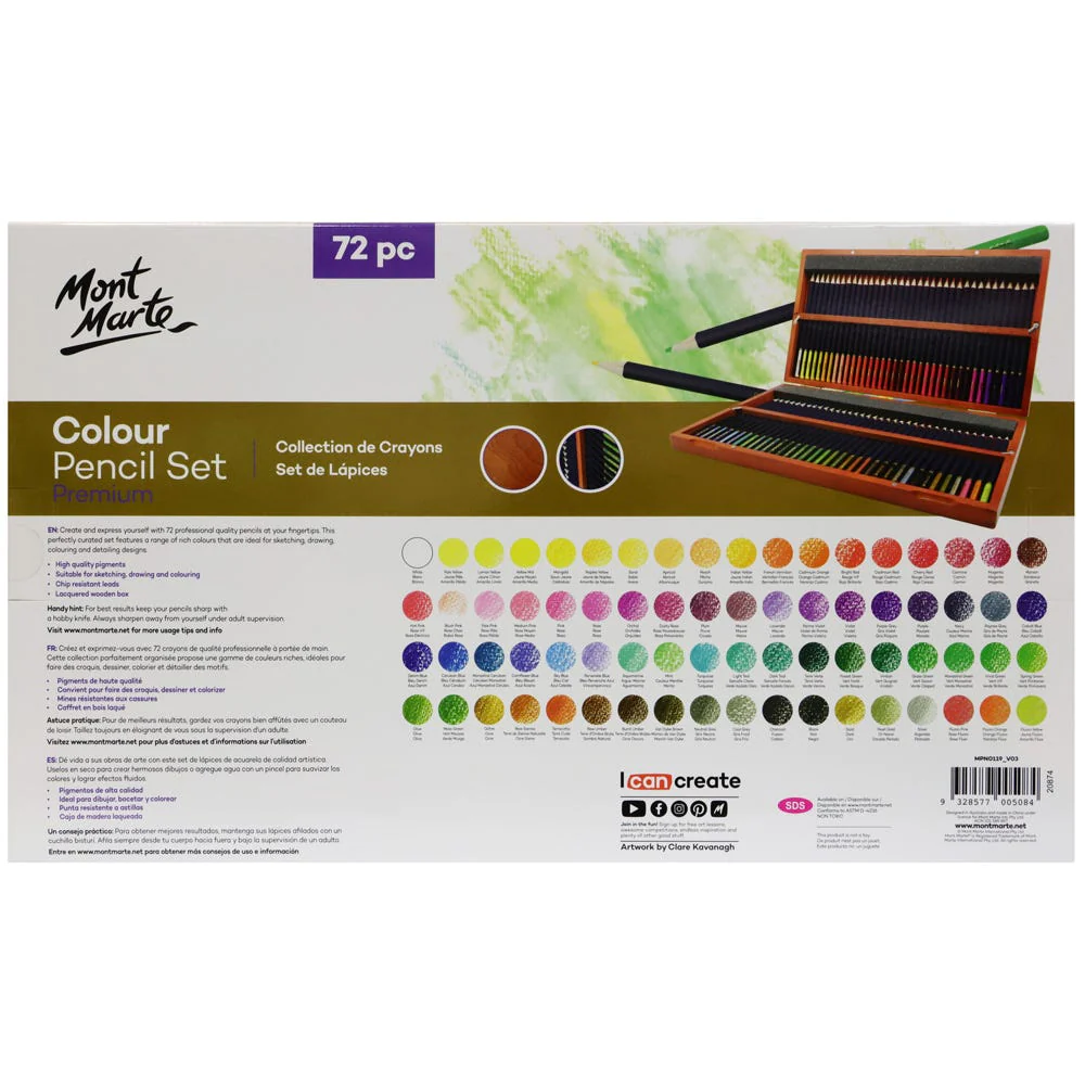 Estuche de Madera con 72 Lápices de Colores para Artistas Premium - Mont Marte - MPN0119