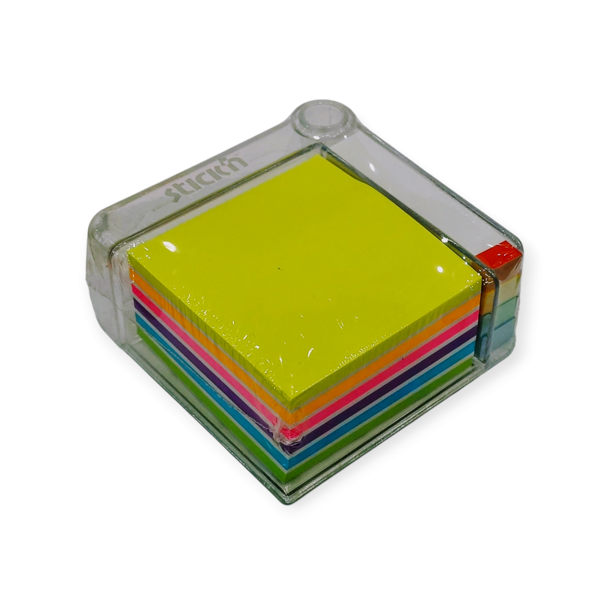 Portacubos + Cubo de 400 Hojas Autoadhesivas Neón 76x76 mm + 380 Banderitas Autoadhesivas - Stick'n - 21432