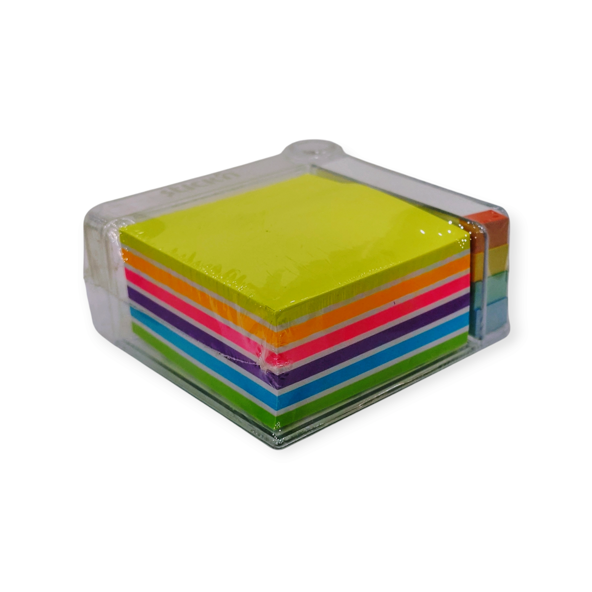 Portacubos + Cubo de 400 Hojas Autoadhesivas Neón 76x76 mm + 380 Banderitas Autoadhesivas - Stick'n - 21432