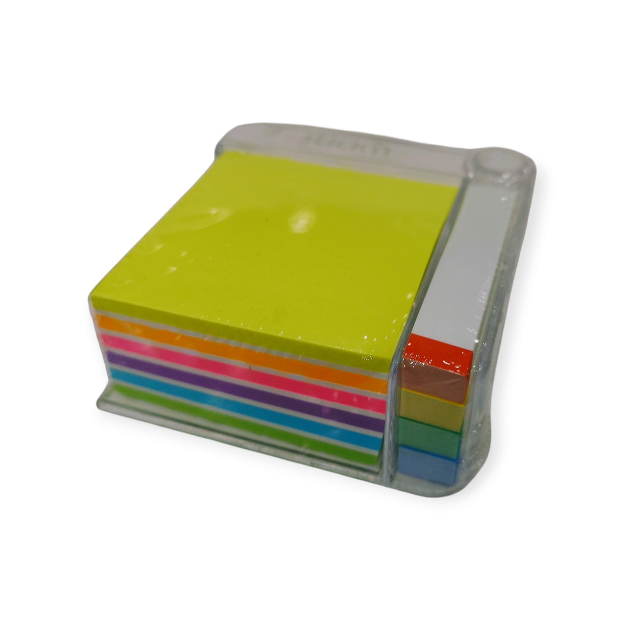 Portacubos + Cubo de 400 Hojas Autoadhesivas Neón 76x76 mm + 380 Banderitas Autoadhesivas - Stick'n - 21432