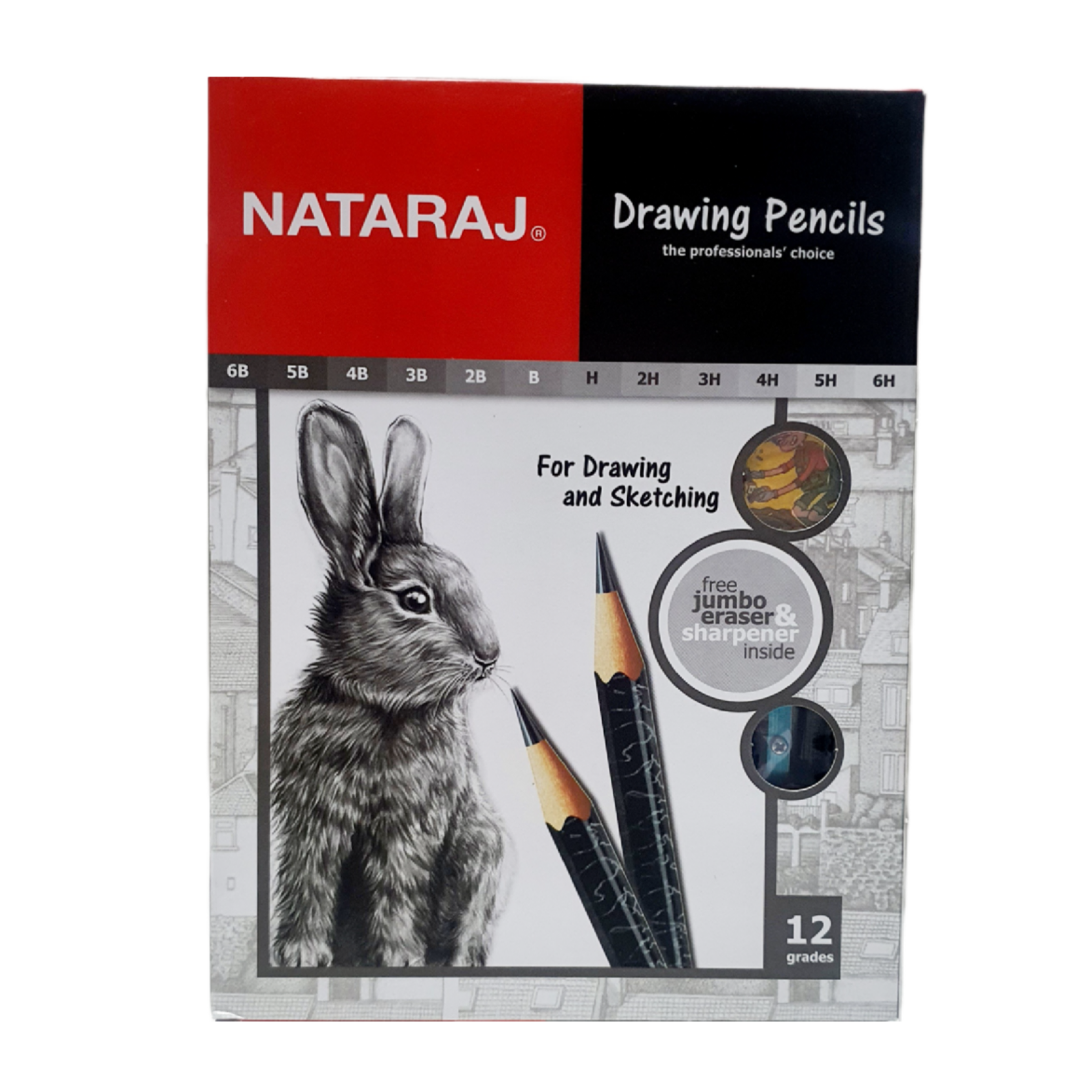 Set de 14 Piezas, Lápices de Dibujo - B al 6B - H al 6H + 1 Goma y Tajador - Nataraj