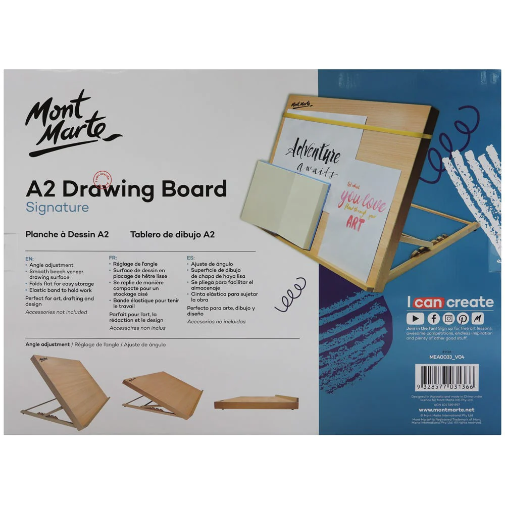 Tablero de Dibujo / Caballete de Madera de Haya con Elástico Tamaño A2, 65x48.2 cm. - MEA0033 - Mont Marte