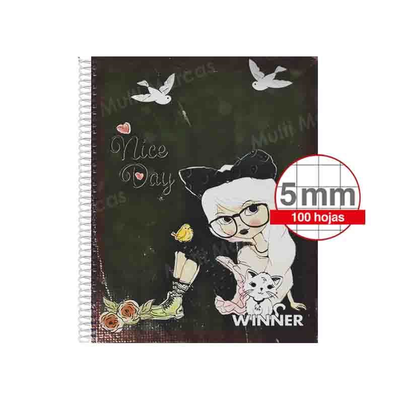 Cuaderno Espiral Plástico Tamaño Medio 1/2 Oficio, 5 mm. de 100 hojas - WINNER