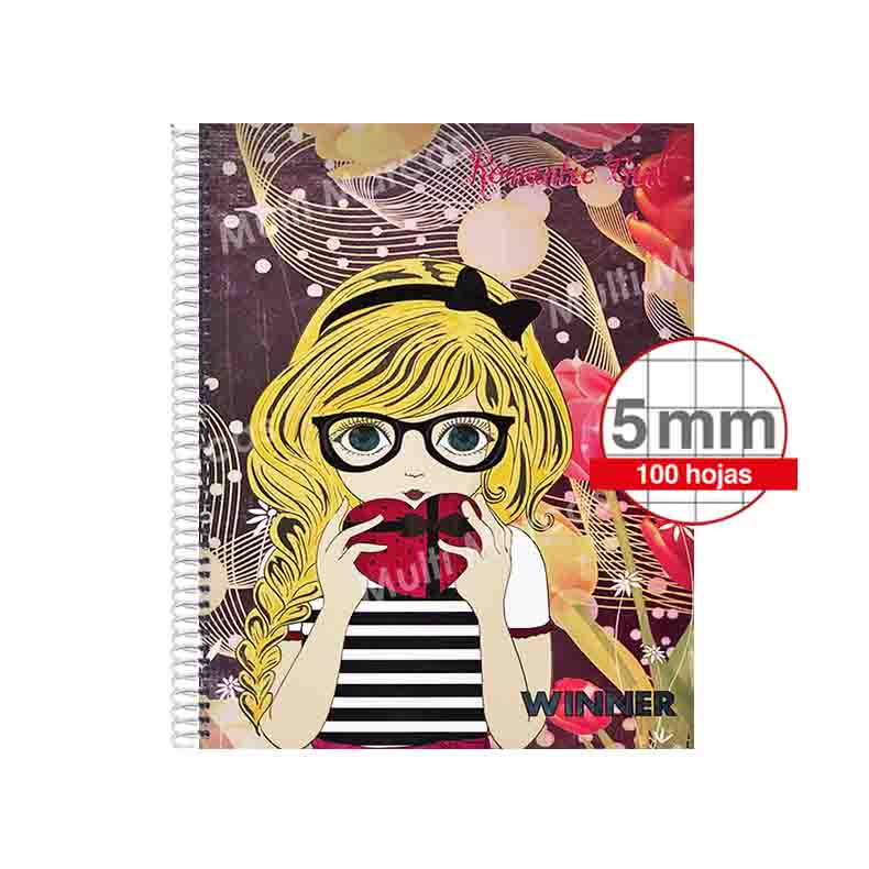 Cuaderno Espiral Plástico Tamaño Medio 1/2 Oficio, 5 mm. de 100 hojas - WINNER