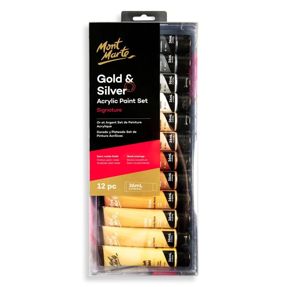 Set de Pinturas Acrílicas por 12 unid. de 36 ml Dorado y Plateado MONT MARTE PMHS0096