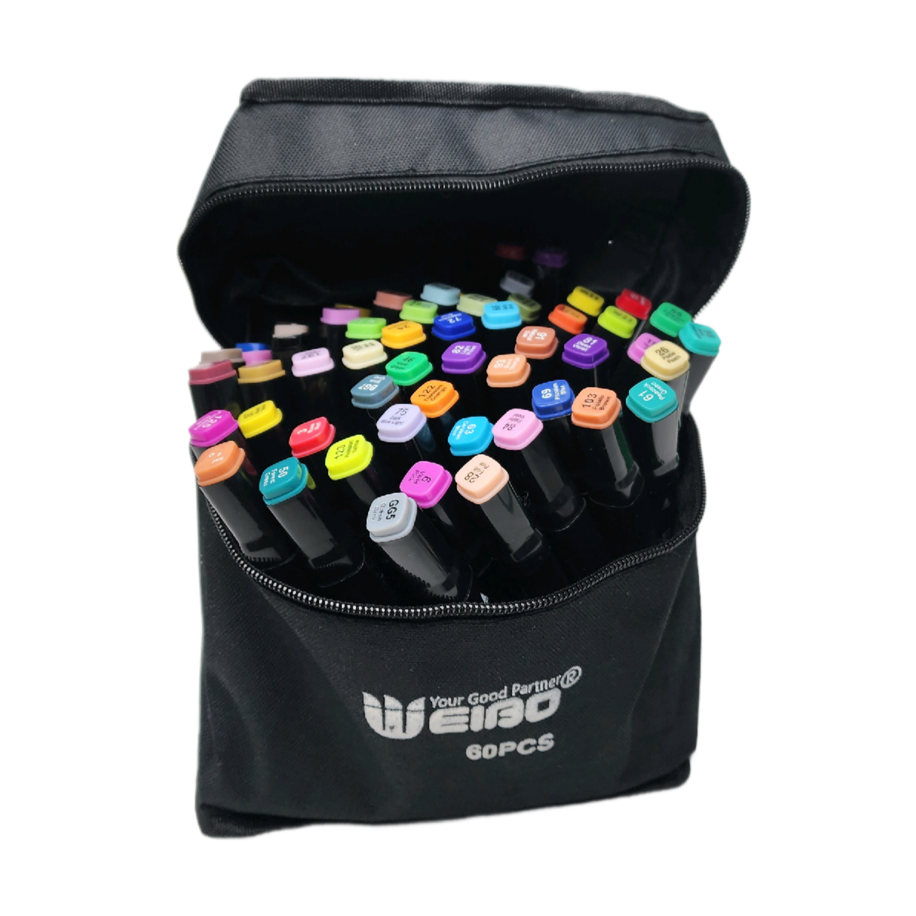 Set de 60 Marcadores Doble Punta (Redondo y Biselado)  a Base de Alcohol En Estuche de Tela -  WEIBO