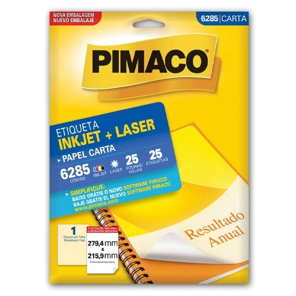 Paquete de 25 Hojas Adhesivas Tamaño Carta 279,4 mm x 215,9 mm. (Hoja Entera) de Uso Manual e Impresora InkJet (Inyección a Tinta Líquida) y Laser, Hojas Tamaño Carta  - 6285 - PIMACO