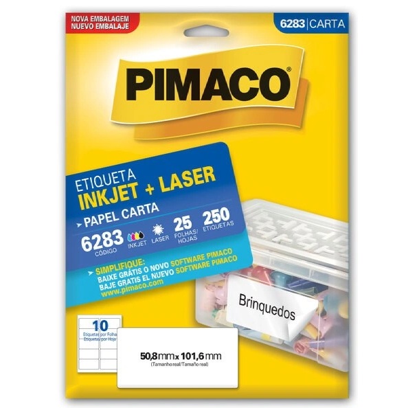 Paquete de 250 Etiquetas Adhesivas Tamaño  50,8 mm x 101,6 mm.  de Uso Manual e Impresora InkJet (Inyección a Tinta Líquida) y Laser, Hojas Tamaño Carta - 6283 - PIMACO