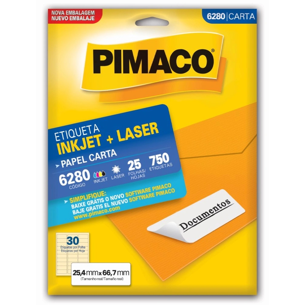 Paquete de 750 Etiquetas Adhesivas Tamaño 25,4 mm x 66,7 mm. de Uso Manual e Impresora InkJet (Inyección a Tinta Líquida) y Laser, Hojas Tamaño Carta - 6280 - PIMACO