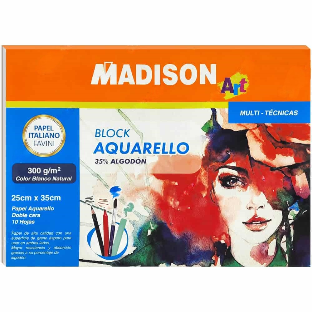 Block de Papel para Pintar con Acuarela / Block Para Acuarela, FAVINI Aquarello, Block de 10 Hojas de 25 x 35 cm, 300 g/m², 35% Algodón - 8748 - MADISON