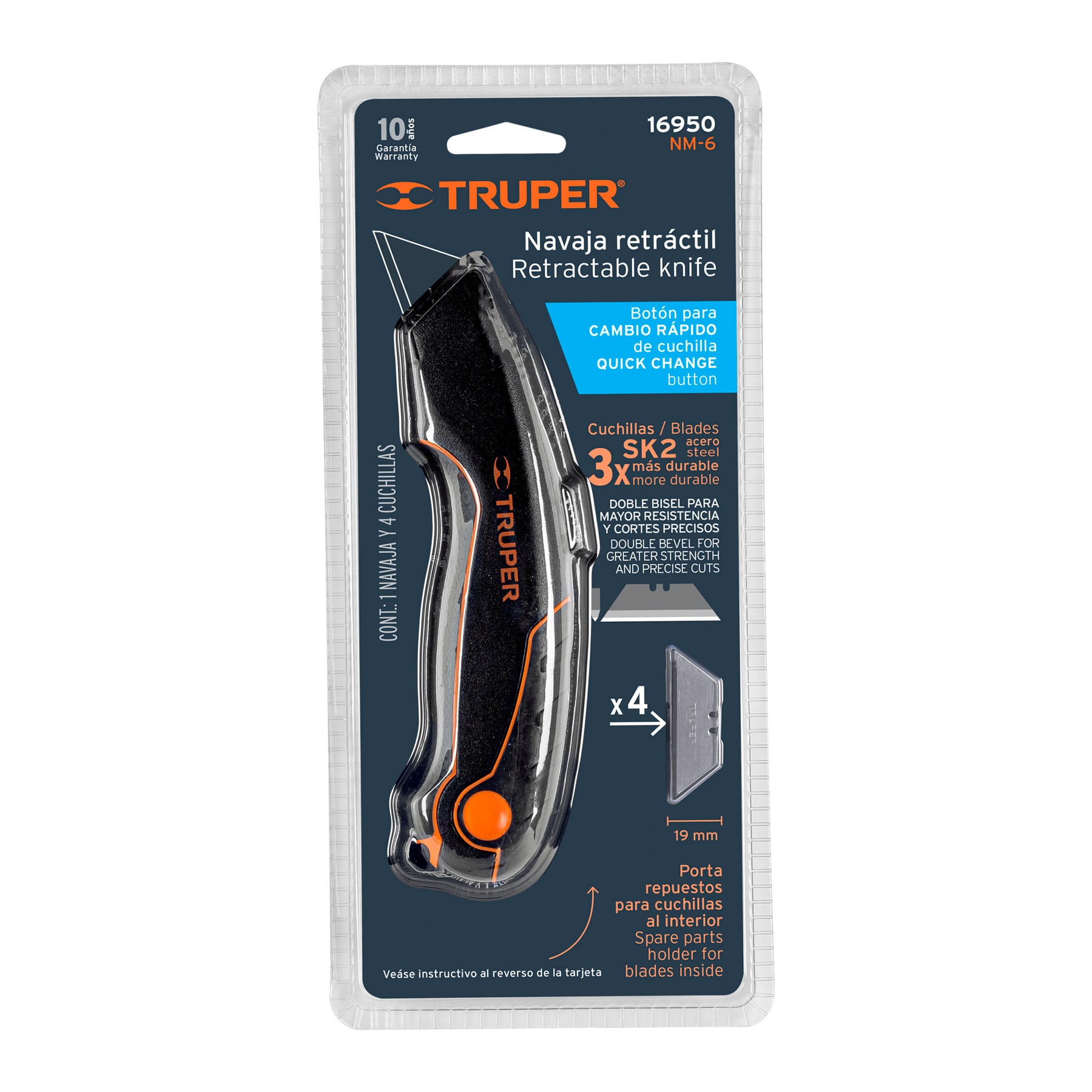 Cuchilla / Navaja / Estilete Retráctil de 7 '' Pulgadas Cuerpo de Aluminio Con 4 Cuchillas de Acero Resistente SK2 - 16950 - TRUPER