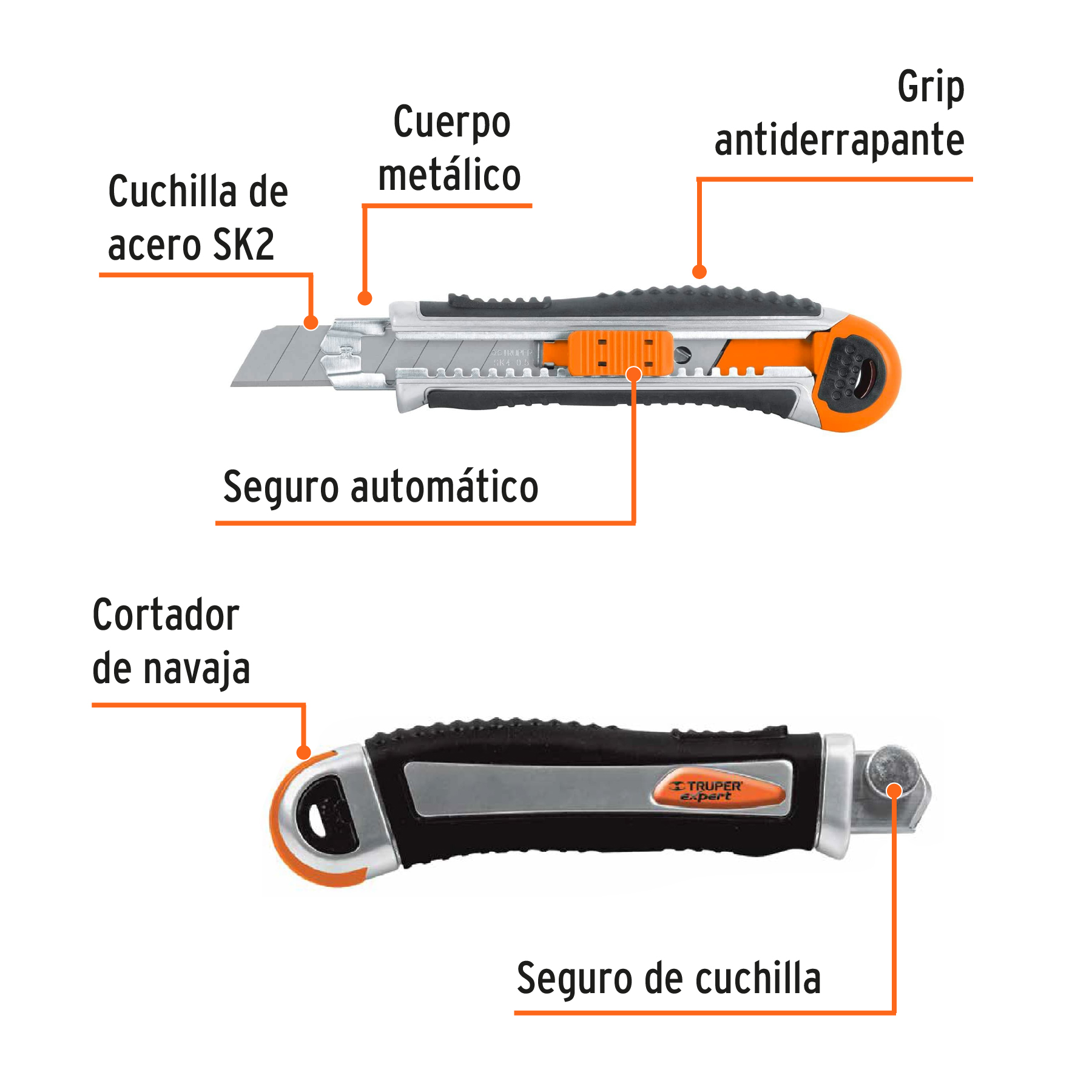 Cutter / Estilete Profesional Para Trabajo Pesado con Alma y Cuerpo Metálico y Grip, Expert + 5 Cuchillas de Acero SK2 de 18 mm.- CUT-6XX - 16976 - TRUPER