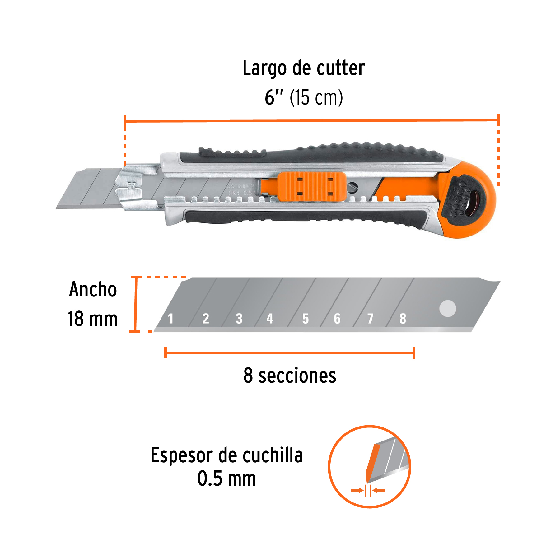Cutter / Estilete Profesional Para Trabajo Pesado con Alma y Cuerpo Metálico y Grip, Expert + 5 Cuchillas de Acero SK2 de 18 mm.- CUT-6XX - 16976 - TRUPER