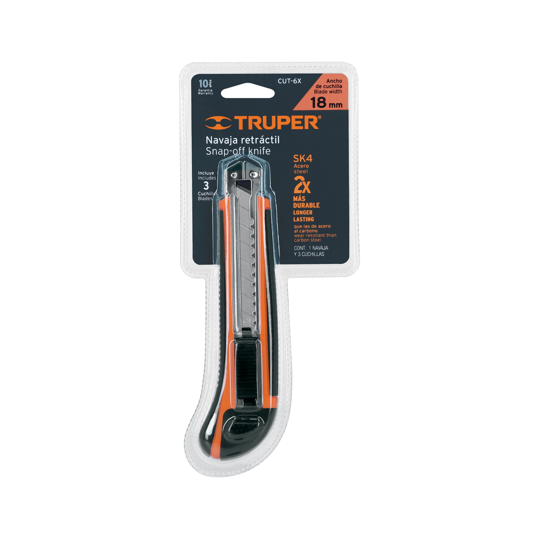 Cutter / Estilete Profesional con Alma Metálica y Grip + 3 Cuchillas de Acero SK4 de 18 mm.- CUT-6X - 16977 - TRUPER