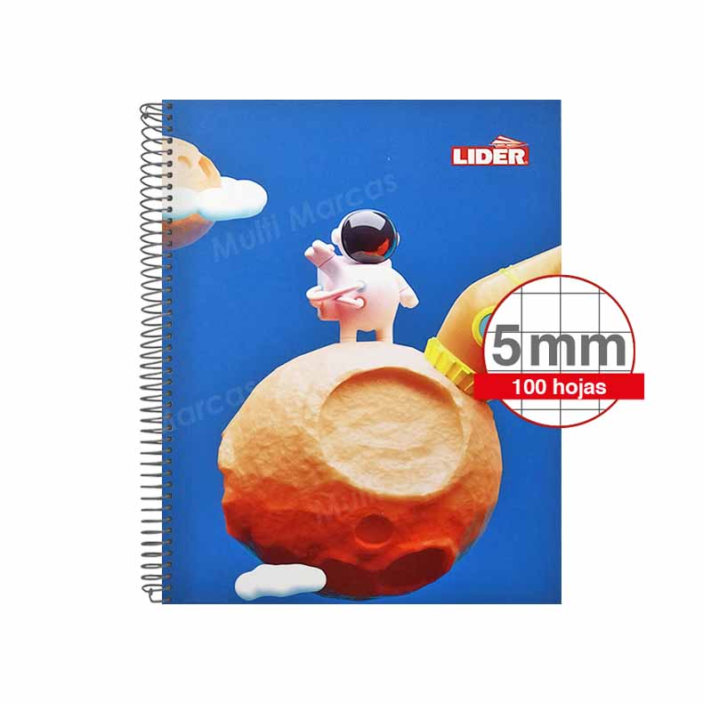 Cuaderno Anillado Plástico Medio 1/2 Oficio Con Diseño Lider 100 Hojas Cuadricula Corriente.