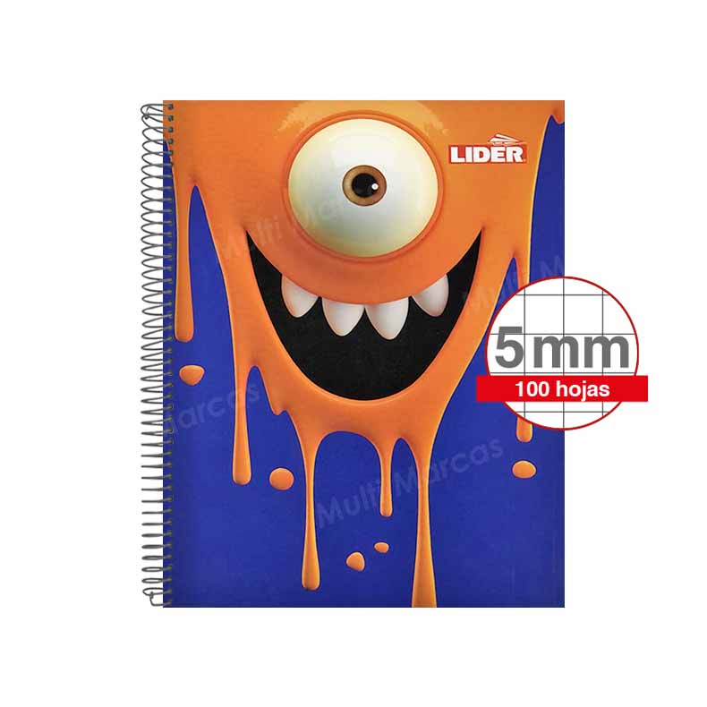 Cuaderno Anillado Plástico Medio 1/2 Oficio Con Diseño Lider 100 Hojas Cuadricula Corriente.
