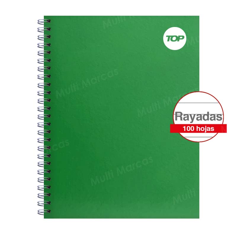 Cuaderno Anillado Espiral Doble Plástico Carta TOP Color Pleno 100 Hojas Rayadas