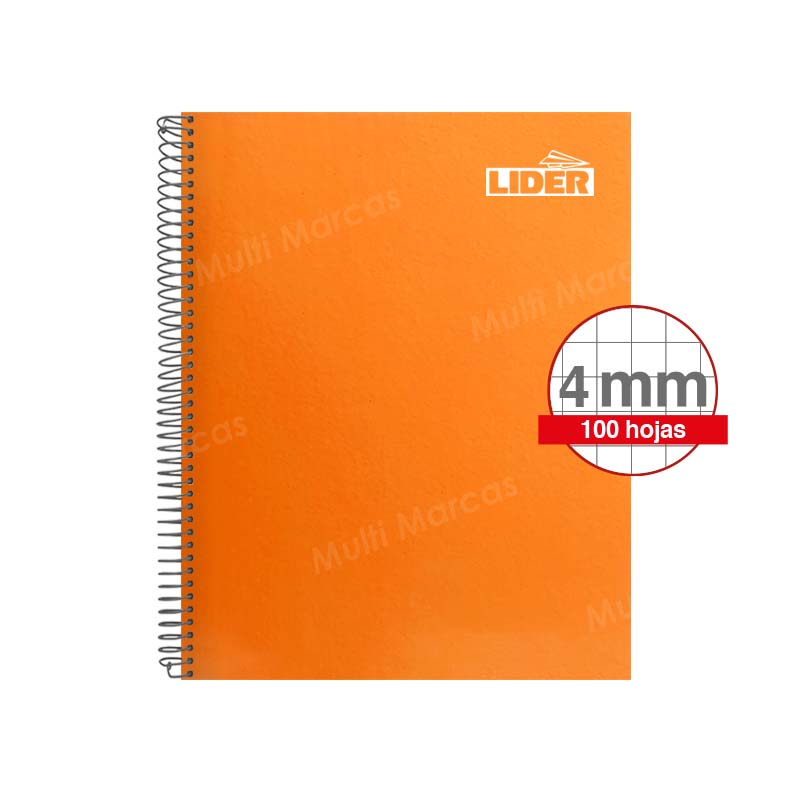 Cuaderno Espiral Metálico Medio 1/2 Oficio LIDER Color Pleno 100 Hojas Cuadricula Intermedia 4mm Elba